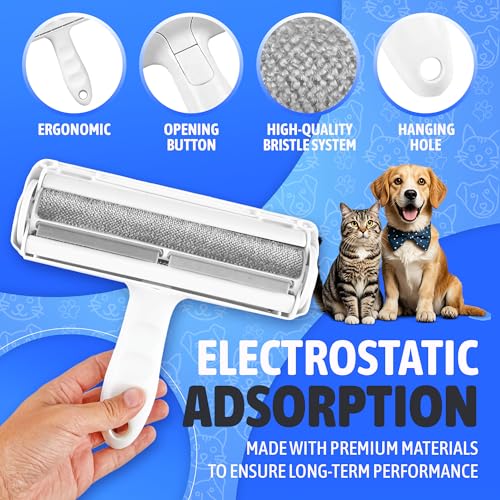 Pet Hair Remover Roller, Reusable, Trapping Compartment - Self-Cleaning Lint Roller for Dog & Cat Fur - Portable, Multi-Surface Tool for Couch, Carpet, Furniture, Clothing & Car Seats.