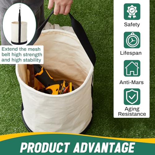 2 Pack Canvas Bucket 15" x 12" Heavy Duty Lineman Tool Bag with Plastic Bottom & Metal Hook Electrician Tool Organizer for Jobsite Use, Load Rated up to 150 Pounds (White) - color: White