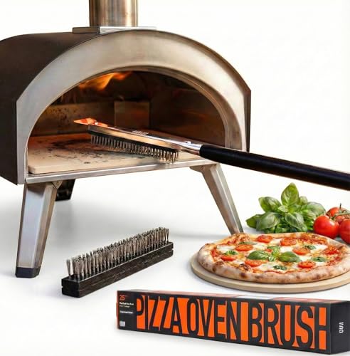 26'' Pizza Oven Brush with Stone Scraper - Includes 2 Brush Heads, Heat-Resistant Silver Stainless Steel Bristles - Long Grip Handle, Compatible with Ooni, Gozney, Blackstone, Solo Stove Ovens - color: Black - 2 Brush Heads