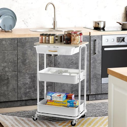 Simple Houseware 3-Tier Rolling Utility Cart with Drawer & Wood Tabletop - Mobile Sofa Side Table, Nightstand, Slim Storage Organizer Trolley for Bedroom, Bathroom, Office & Art Supplies, Maple - color: Maple