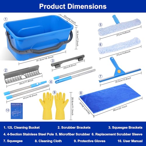 Professional Window Cleaning Kit, Window Washing Kit with 3 Gallon Bucket, 14-Inch Squeegee & 15-Inch Scrubber, 61-Inch Extendable Pole, Window Cleaning Equipment for Home & Commercial (61 inch-2) - size: 61 inch-2