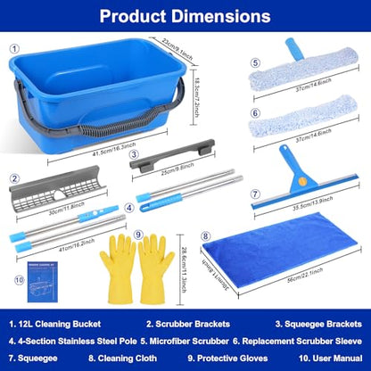 Professional Window Cleaning Kit, Window Washing Kit with 3 Gallon Bucket, 14-Inch Squeegee & 15-Inch Scrubber, 61-Inch Extendable Pole, Window Cleaning Equipment for Home & Commercial (61 inch-2) - size: 61 inch-2