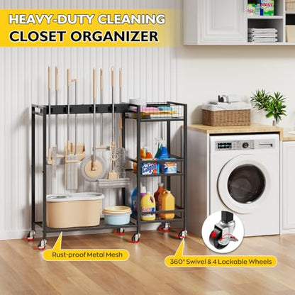 Broom Holder with Cleaning Supplies Organizer, Movable Broom Closet Storage Cabinet with Cleaning Caddy, Cleaning Cart with Mop Rack, Janitorial Housekeeping Cart on Wheels, Laundry Room Organization - size: Large