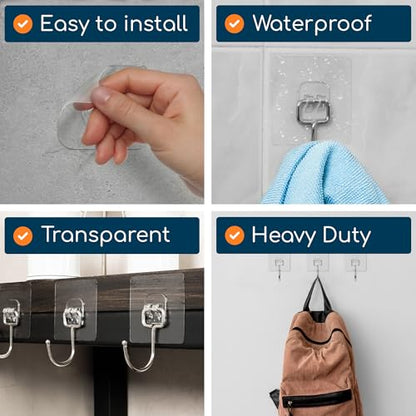 GLUIT Adhesive Large Wall Hooks for Hanging Heavy Duty 22 lbs Hooks for Walls No Drill, Towel Sticky Clear Hooks, Waterproof, Home, Bathroom, Kitchen, Office, and Outdoor 6 Pack - size: Large, 6 pcs