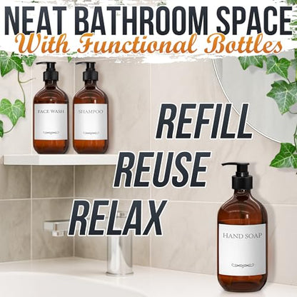 Plastic Amber Soap Dispenser with Pump Set of 3 – 16 oz Refillable Shampoo and Conditioner Bottles – Durable & Reusable for Hand Soap, Dish Soap, Lotion, Gel, Body Wash in Kitchen, Bathroom, Shower