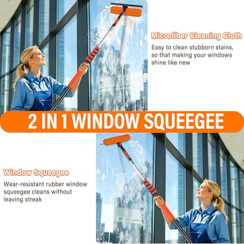 30FT Telescoping Window Squeegee Kit | 2-in-1 Professional Window Washer & Microfiber Scrubber with Extension Pole | High Reach Cleaning Tool for Outdoor, Indoor Windows & Glass - size: 24FT