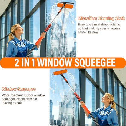 30FT Telescoping Window Squeegee Kit | 2-in-1 Professional Window Washer & Microfiber Scrubber with Extension Pole | High Reach Cleaning Tool for Outdoor, Indoor Windows & Glass - size: 24FT