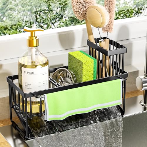Cisily Kitchen Sink Caddy Organizer with High Brush Holder, Sponge Holder for Sink, 304 Rustproof Stainless Steel, Countertop Soap Dispenser Organizer, Black with Towel Rack, 9.25 - color: Black With Towel Rack, size: 9.25″