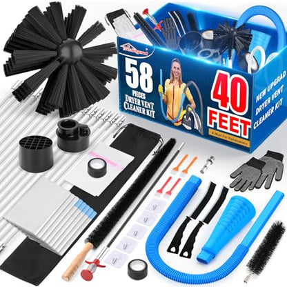 Sealegend 58-Pieces 40-Feet Dryer Vent Cleaner Kit, Dryer Cleaning Tools, Include Omnidirectional Blue Dryer Lint Vacuum Attachment, Dryer Vent Brush, Universal Vacuum & Dryer Adapters - size: 40 Feet