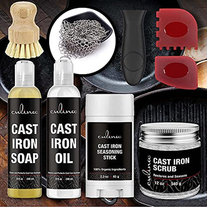 Culina Cast Iron Soap stick Conditioning Oil Stainless Scrubber Restoring Scrub brush handle and scrapers |All Natural Ingredients |for Cast Iron Cookware with handle and scrappers colors may vary