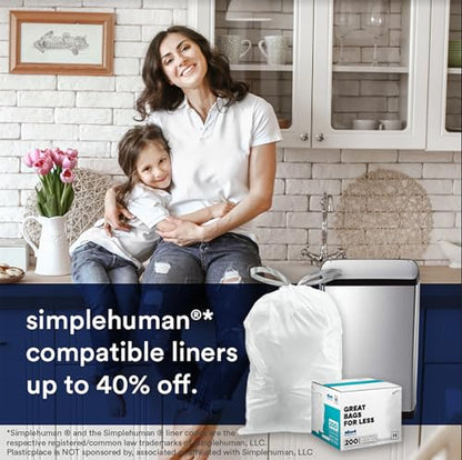 Plasticplace Custom Fit Trash Bags Compatible w Simplehuman Code H Drawstring Bags 8-9 Gallon Tear-Resistant Liner 200 Count Heavy-Duty Waste Disposal - color: White, size: 200 Count (Pack of 1)