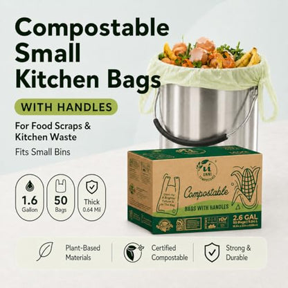 UNNI 2.6 Gallon Compostable Trash Bags with Tie Handles, 50 Count Small Food Scrap Kitchen Compost Bags for Countertop Bin, Certified by BPI, CMA & OK compost HOME, Meets ASTM D6400 - size: 50 Count (Pack of 1), style: 2.6 Gallon