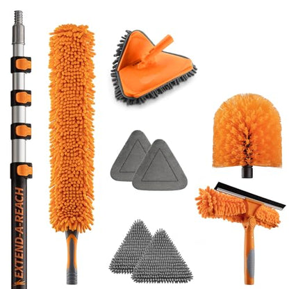 24 Foot High Reach Duster Kit with 5-18 ft Extension Pole // High Ceiling Dusting and Window Cleaning Kit with Telescopic Pole // Baseboard and Wall Washer Mop, Squeegee, Fan Blade & Cobweb Dusters - size: 18 feet