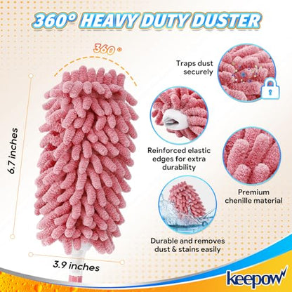 KEEPOW 4 Pack Pink Duster Refills Compatible with Swiffer Hand Duster, Reusable Microfiber Pads Compatible with Swiffer Dusters Refills, Heavy Duty Dusting for Furniture Blind(Handle is Not Included) - color: Pink-4 Pack
