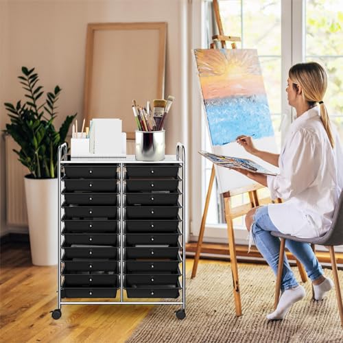 DREAMADE Rolling Cart With Storage Drawers, Utility Cart With Removable Plastic Drawers, Lockable Wheels for Classroom Organization, Art Supplies, Office, Scrapbook (20 Drawers, Black) - color: Black, style: 20 Drawers