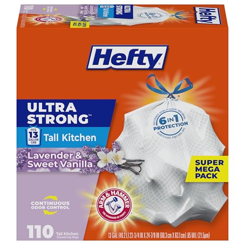 Hefty Ultra Strong 13 Gallon Trash Bags, Tall Kitchen, Drawstring Closure, Odor Control, White, Lavender, Sweet Vanilla, 110 Count - size: 110 Count (Pack of 1), style: Lavender & Sweet Vanilla -13G