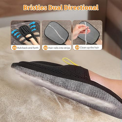 Pet Hair Removal Gloves, 2 Pack Reusable Electrostatic Cleaning Mitt for Couch, Carpet, Car Seats, Furniture, Black Mesh Design with Orange Pull Tab