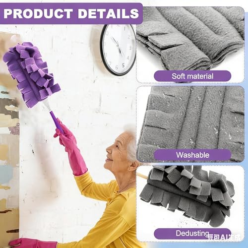 7-Piece Reusable Chenille Microfiber dust Duster, Washable Microfiber Chenille Dusting Pads, Suitable for Home, Blinds, Cars, Pets, Furniture, Fans, and More (Handle Included)
