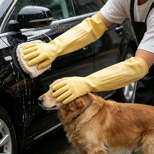 21.7inch Extra Long Latex Cleaning Gloves Waterproof Heavy Duty Rubber Reusable Dish wash Household Cleaning - color: Yellow