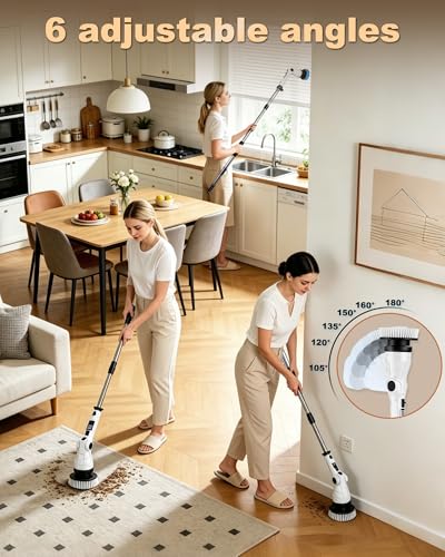 Cordless Electric Spin Scrubber, IPX7 Waterproof with 8 Replaceable Brush Heads, 3 Speeds & 6 Adjustable Angles, Extension Handle and LCD Display, for Bathroom, Bathtub, Kitchen & Wall Cleaning