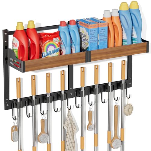 Broom and Mop Organizer Wall Hanging, Broom Holder Wall Mount with Cleaning Supplies Organizer, Broom Hanger Wall Mount with Storage Shelf and Hooks for Laundry Room Garage Kitchen
