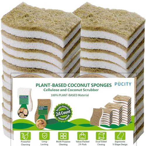 Sponges Kitchen Natural Dish Sponge Plant-Based Biodegradable Compostable Cellulose with Coconut Scrubber Sponge Non Scratch Eco Friendly Kitchen sponges for Kitchen Dishes（Pack of 24） - size: Pack of 24