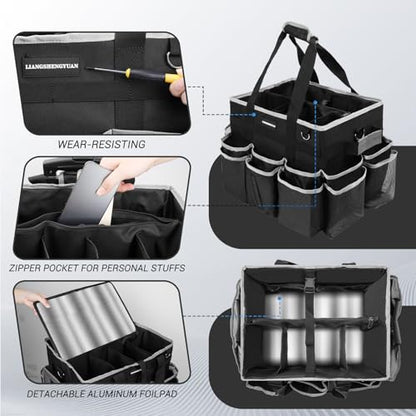 Large Rolling Cleaning Caddy Bag, Cleaning Caddy with Wheels with Detachable Trolley for Housekeepers, Water Resistant Cleaner Supplies Organizer with Wheels for Kitchen, Car, Picnic (Black-Grey)