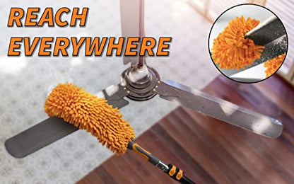 5-26 ft Flexible Fan Duster for High Ceiling Fan with Extension Pole (30+ Foot Reach) // Microfiber Ceiling Fan Blade Cleaner // Washable Fan Brush with Telescopic Pole // Best High Reach Dusting Kit