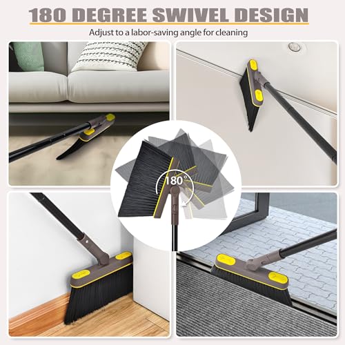 JEHONN Broom with Dustpan Combo Set Lightweight 54'' Long Handle Swivel Broom Indoor Patented Openable Dust Pan Tail for Kitchen Home Office (Brown Yellow)
