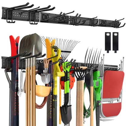 64-Inch Garage Storage Tool Organizer Wall Mount, Heavy Duty Garage Organization Metal Rack with 12 Hooks, Garden Tool Hanger Holder for Broom, Shovels, Ladders, Lawn Tools - size: 64" 4 Panels & 12 Hooks