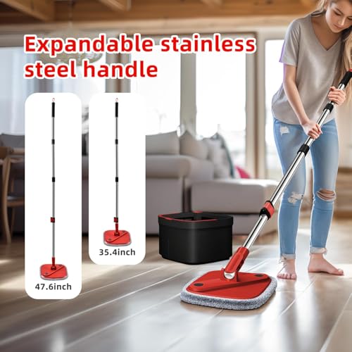 Spin Mop and Bucket Set with Separation Dirty and Clean Water System, Self Wringing 360° Rotating Clean Mop-Head and Bucket Set for Hardwood Tile Marble Floor with 6pc Replaceable Mop Pads - size: Black+Red Mop Set with 6 Pads