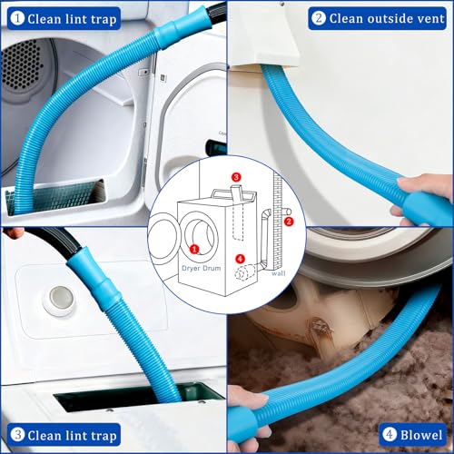 Dryer Vent Cleaner Kit with Dryer Vacuum Hose Attachment, 4-in-1 Multi-Lint Remover Brush, Suitable for Most Vacuum Cleaners for Efficient, Safe, and Thorough Dryer Lint Cleaner Tools (Blue)