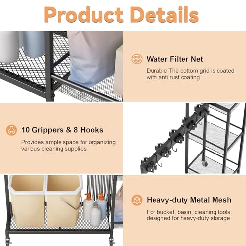 Cleaning Cart on Wheels,Broom Holder with Cleaning Supplies Organizer,10 Grippers, 4 Double-sided Hooks, 3-tier Shelves Broom and Mop Utility Carts for Laundry, Garage, Tool Room Black