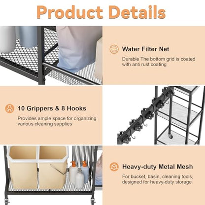 Cleaning Cart on Wheels,Broom Holder with Cleaning Supplies Organizer,10 Grippers, 4 Double-sided Hooks, 3-tier Shelves Broom and Mop Utility Carts for Laundry, Garage, Tool Room Black