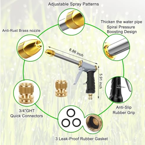 Heavy garden hose nozzle - adjustable spray mode high-pressure rotary spray gun, brass nozzle, anti slip grip and quick connector, suitable for lawn, plants, car washing, pets - size: 8.8*5.5*1.4