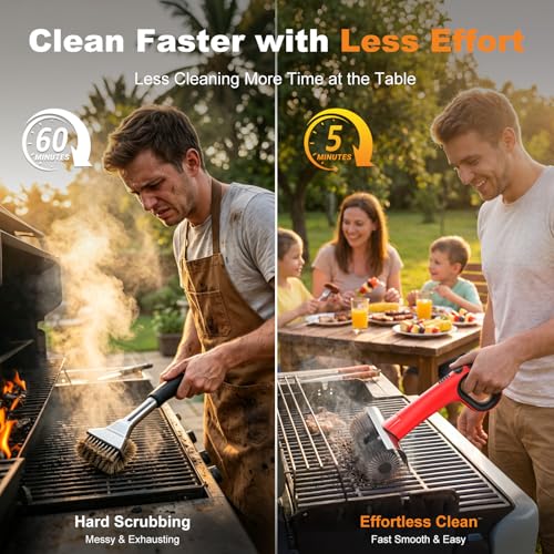 Electric Grill Brush for Outdoor Grill, Cordless BBQ Grill Cleaner with Dual Rotating Heads, 450 RPM Motorized Grill Cleaning Brush with Forward & Reverse, 6-Piece Replaceable Brush Set