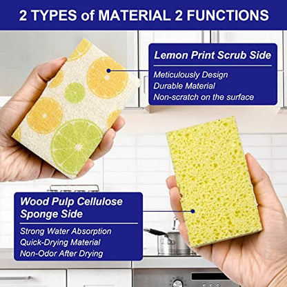 CELOX Lemon Printed Dual Sided Scrub Dish Sponges, Non Scratch Sponge for Kitchen Cleaning, 4.5" x 2.8" x 0.8" (6)