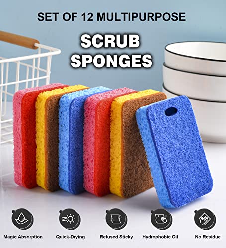 METUUTER 12-Count Scrub Sponges Kitchen Sponge Heavy Duty, Cellulose Sponges with Scouring Pads Dual-Sided for Kitchen and Household Use (Square-Multi) - color: Square-multi