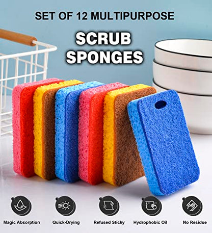 METUUTER 12-Count Scrub Sponges Kitchen Sponge Heavy Duty, Cellulose Sponges with Scouring Pads Dual-Sided for Kitchen and Household Use (Square-Multi) - color: Square-multi