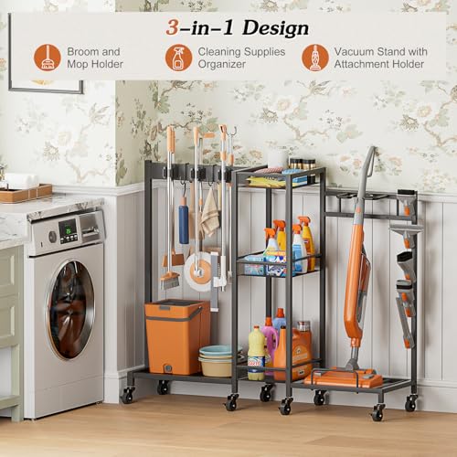 Broom Holder with Cleaning Supplies Organizer, Broom Closet Storage Cabinet with Cleaning Caddy Vacuum Stand, Cleaning Cart with Mop Hanger Gripper Rack Hook, Laundry Room Organization Home Essentials - color: Black
