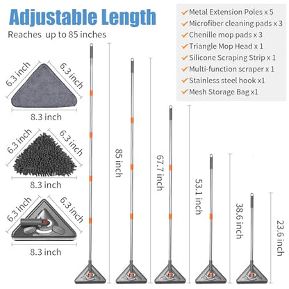 85" Wall Mop Cleaner with Long Handle and Stainless Steel Hook - 180° Rotating Wall Cleaner - Duster Tool for Walls, Multifunctional Scrapper, Ceiling, Windows and Floor with Extension Poles - size: Triangular