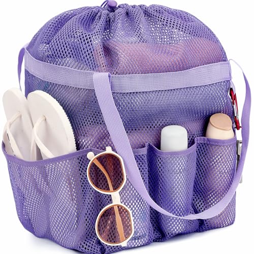 Fammart Mesh Shower Caddy Portable with Drawstring, Dorm Room Essentials for College Girls Guys, 8-Pocket Large Shower Bag Basket Tote for Camping Beach Gym Travel Toiletry Bathroom - color: Large, Drawstring Closure - Purple
