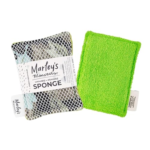 Marley's Monsters Washable Sponge – Reusable Eco-Friendly Scrubber – Dual-Sided for Gentle Cleaning or Heavy Duty Scrubbing – 4" x 5.5" Handmade in USA(Surprise Prints/Green Back) - color: Surprise Prints / Green