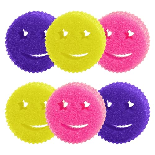 Scrub Sponge Dish Scrubbers, Temperature Controlled Non-Scratch Sponges Pad | Smiley Odor Resistant Polymer Color Bulk Pads, Dishwash Safe Multi Functional for Kitchen, Bathroom, Tub, Household Cleaning - color: Pink/Yellow/Purple, size: 6Pcs