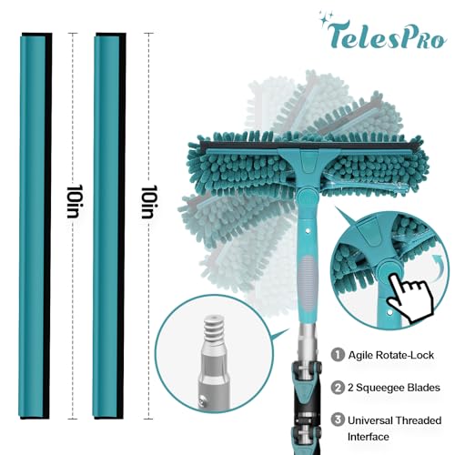 TelesPro 36 Feet High Reach Window Squeegee with 7-30 Ft Extension Pole, Window Cleaner Tool with 5-Stage Telescoping Pole, Window Cleaning Kit with Rotatable Head (2 Squeegee & 2 Microfibre Cloths) - size: 30 FT