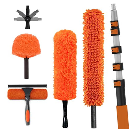 LAANPOLE 30FT High Reach Duster Cleaning Kit with Extension Pole, High Ceiling Fan Cleaner Duster Tool for Fan Blades, Window Washing Kit with Microfiber Feather Duster & Window Squeegee - size: 24FT
