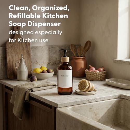 MaisoNovo Glass Hand Soap Dispenser | Dish Soap Dispenser for Kitchen | 16.9oz Amber Bottles with Black Bamboo Pump | Bathroom Lotion Dispenser - color: Single Amber Bottle/Black Bamboo Pump