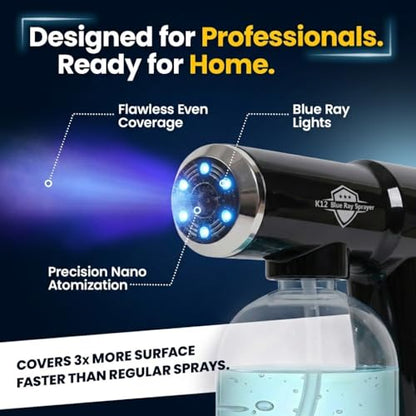 Professional K12 Nano Spray Gun with Blue Light, Atomizer Sprayer & Nano Steam Hair Mister Spray Bottle, Cordless & Rechargeable Barber Spray Gun, Home, Salon, Office & Travel Fine Mist Spray, Black - color: Black