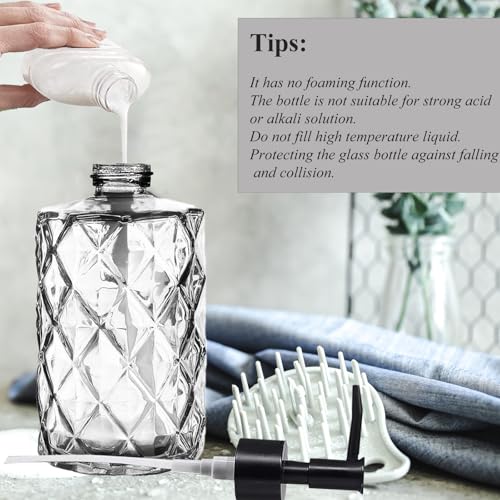 12Oz Small Glass Soap Dispenser with Black Plastic Pump, Clear Refillable Kitchen Countertop Liquid Hand Soap Dispensers with Diamond Design, Crystal Bathroom Lotion Bottle for Dispense Dish Soap - color: Clear Diamond