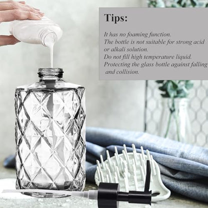 12Oz Small Glass Soap Dispenser with Black Plastic Pump, Clear Refillable Kitchen Countertop Liquid Hand Soap Dispensers with Diamond Design, Crystal Bathroom Lotion Bottle for Dispense Dish Soap - color: Clear Diamond